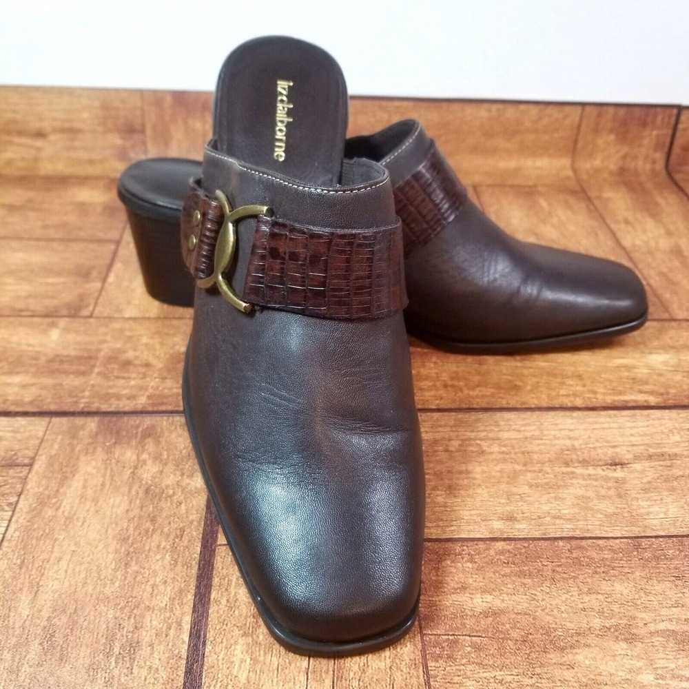 Liz Claiborne Jorgen Brown Leather Mules Clogs Women's 9 1/2 M Brown  Block Heel